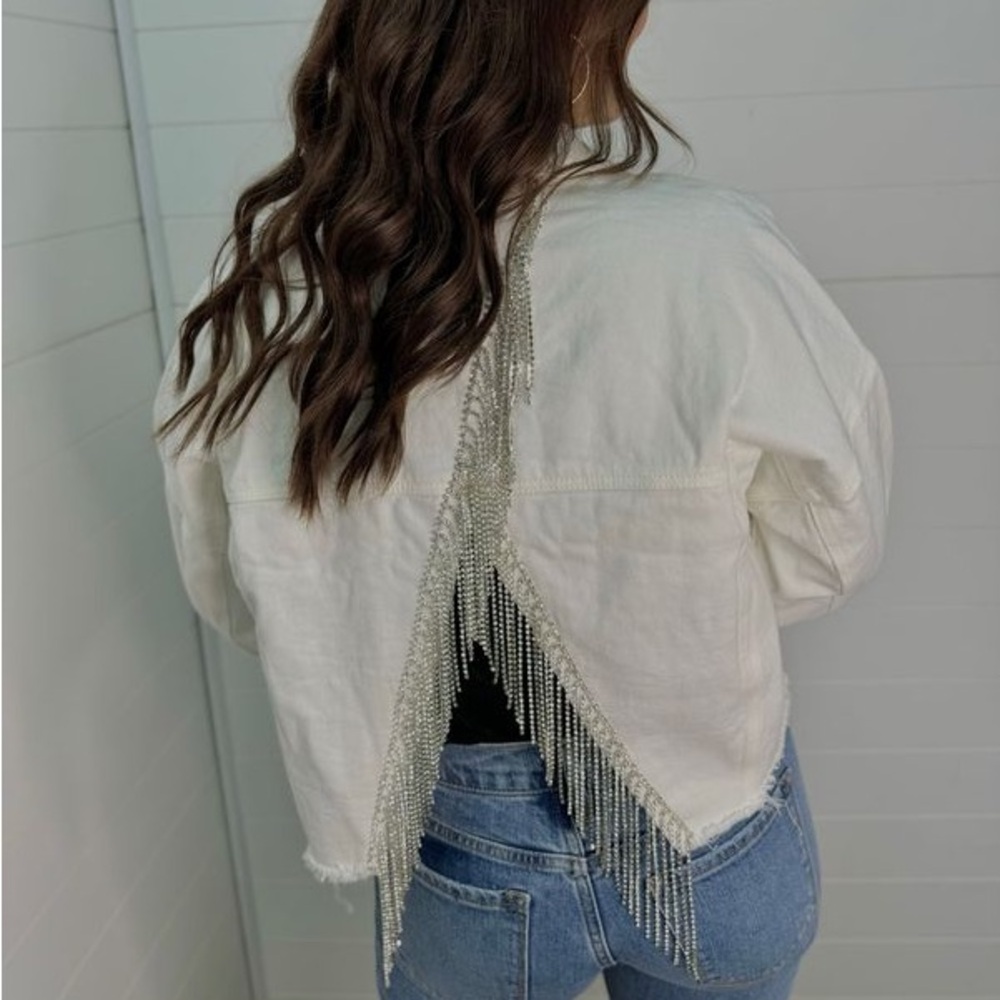 White Cropped Jean Jacket with Rhinestone Fringe